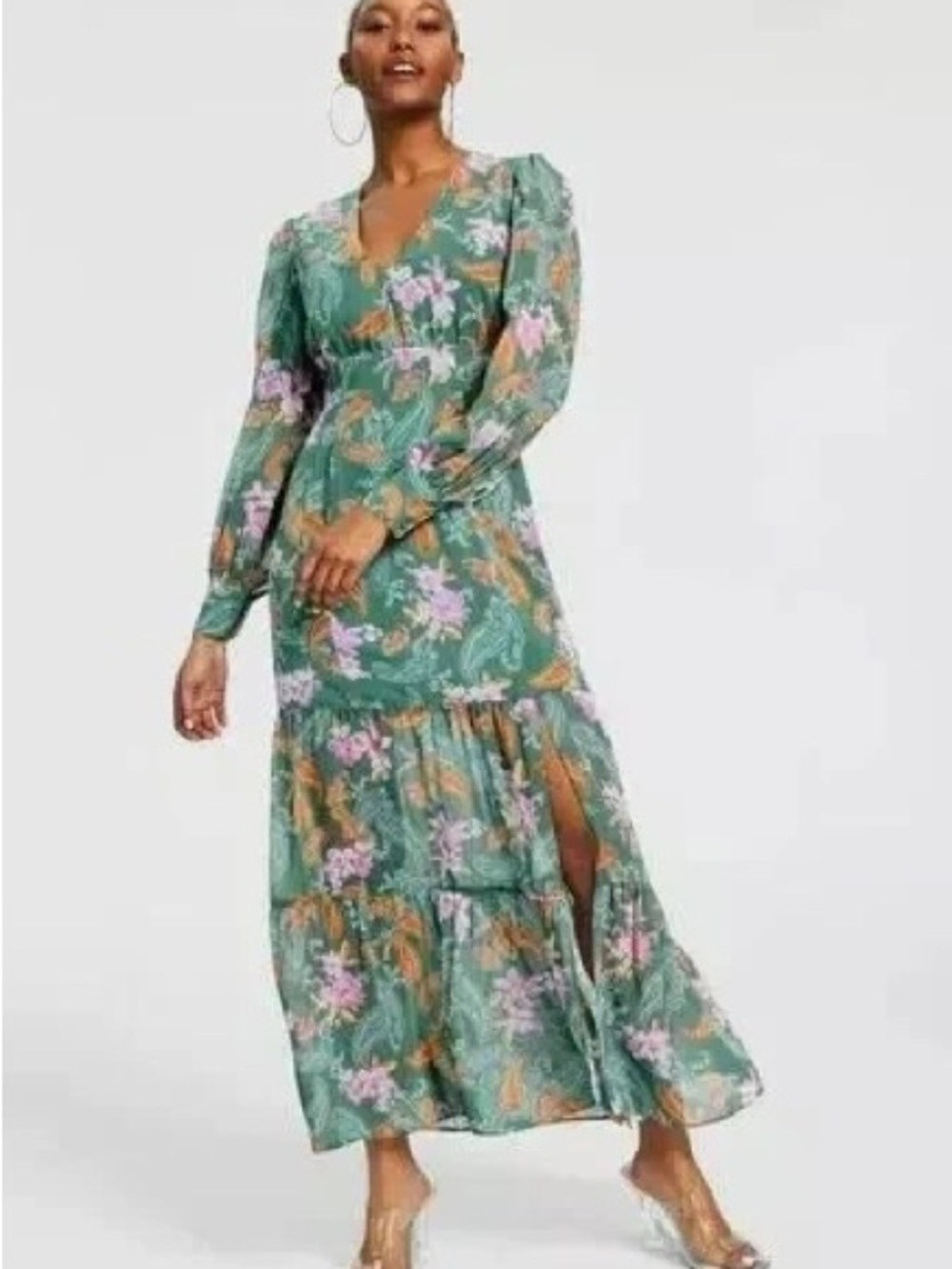 Green Floral Long Sleeve Tiered Maxi Dress